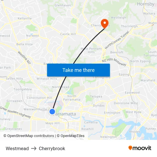 Westmead to Cherrybrook map