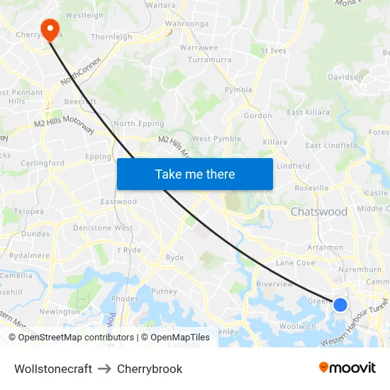 Wollstonecraft to Cherrybrook map
