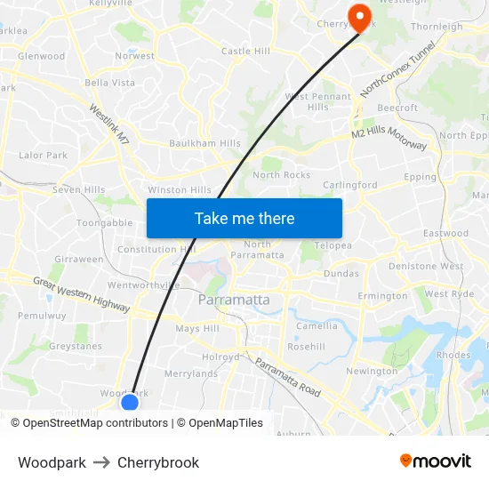 Woodpark to Cherrybrook map