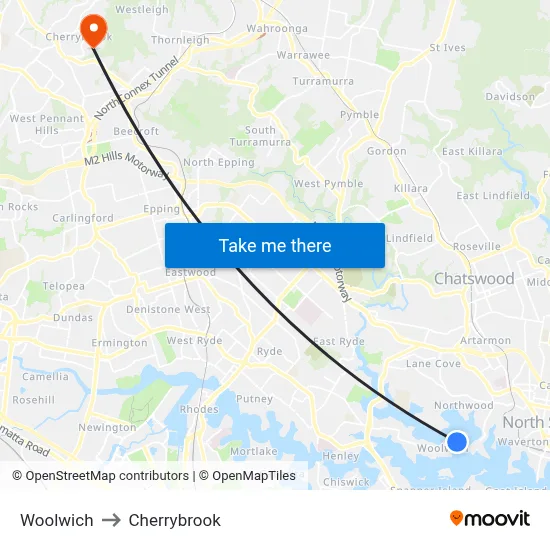 Woolwich to Cherrybrook map