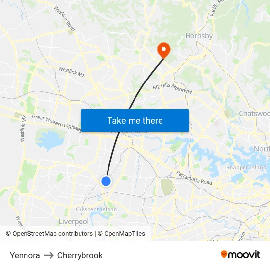 Yennora to Cherrybrook map