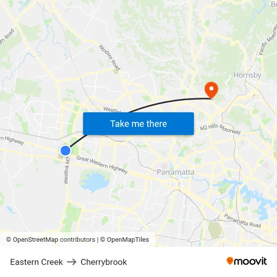 Eastern Creek to Cherrybrook map