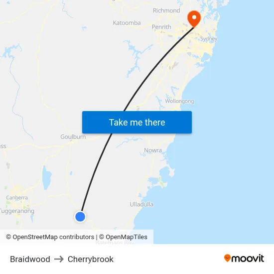 Braidwood to Cherrybrook map