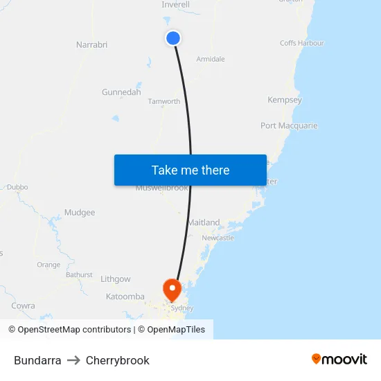Bundarra to Cherrybrook map