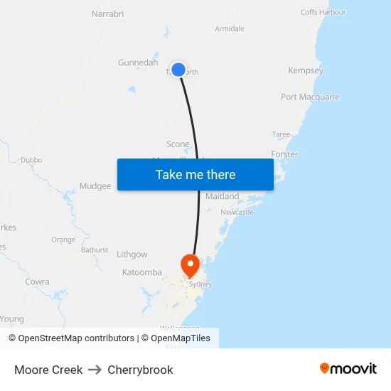 Moore Creek to Cherrybrook map