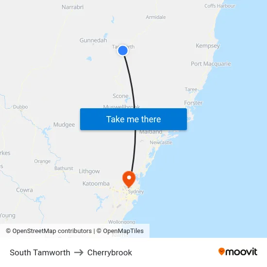 South Tamworth to Cherrybrook map