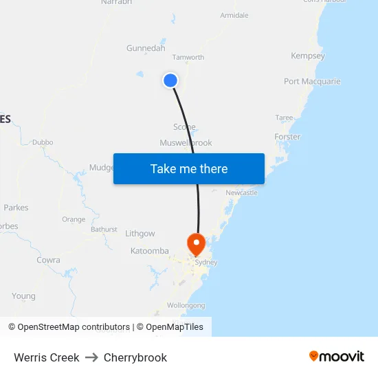 Werris Creek to Cherrybrook map