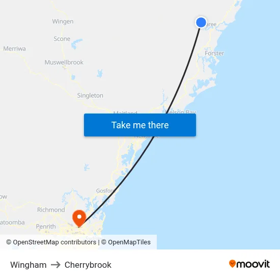 Wingham to Cherrybrook map