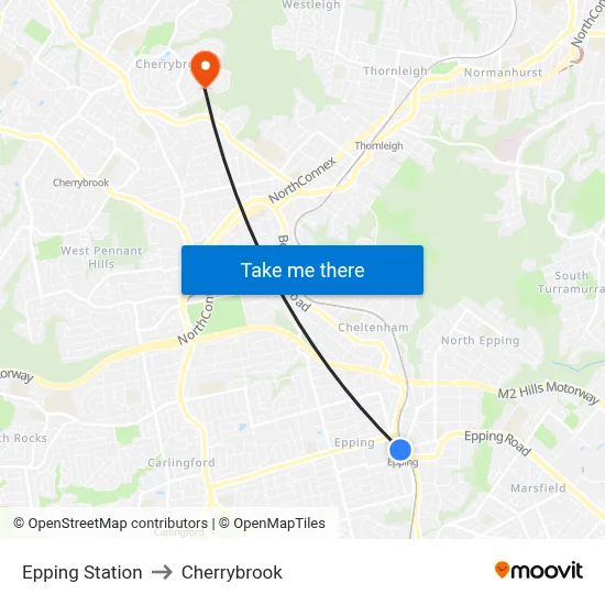 Epping Station to Cherrybrook map