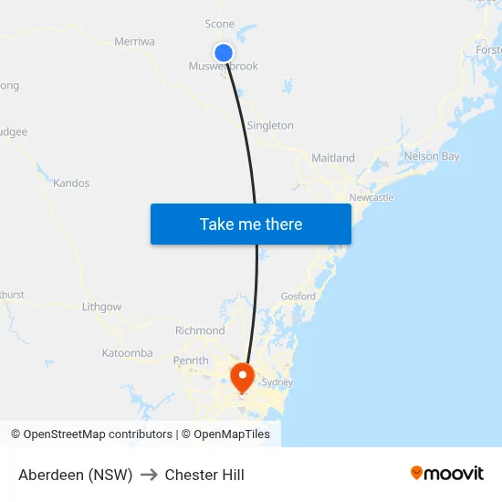 Aberdeen (NSW) to Chester Hill map