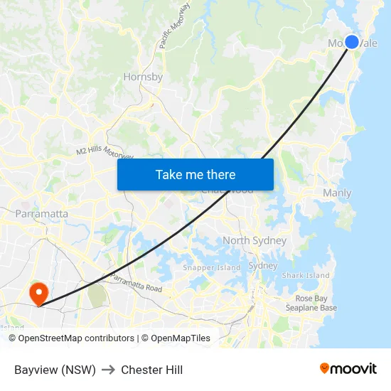 Bayview (NSW) to Chester Hill map