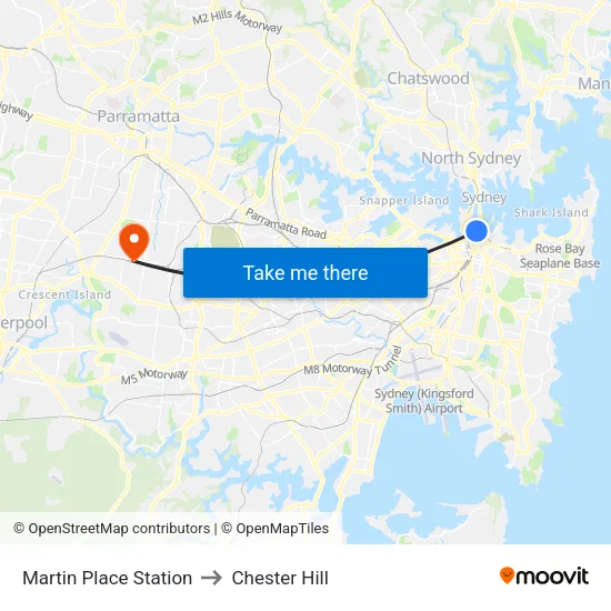 Martin Place Station to Chester Hill map