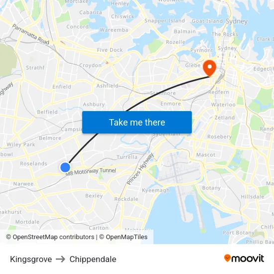 Kingsgrove to Chippendale map