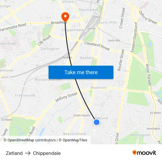 Zetland to Chippendale map