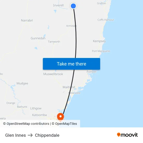 Glen Innes to Chippendale map