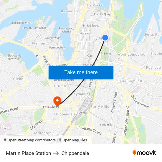 Martin Place Station to Chippendale map