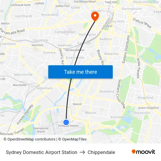 Sydney Domestic Airport Station to Chippendale map
