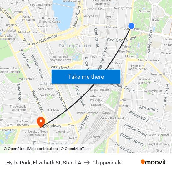 Hyde Park, Elizabeth St, Stand A to Chippendale map