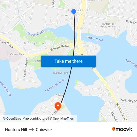 Hunters Hill to Chiswick map