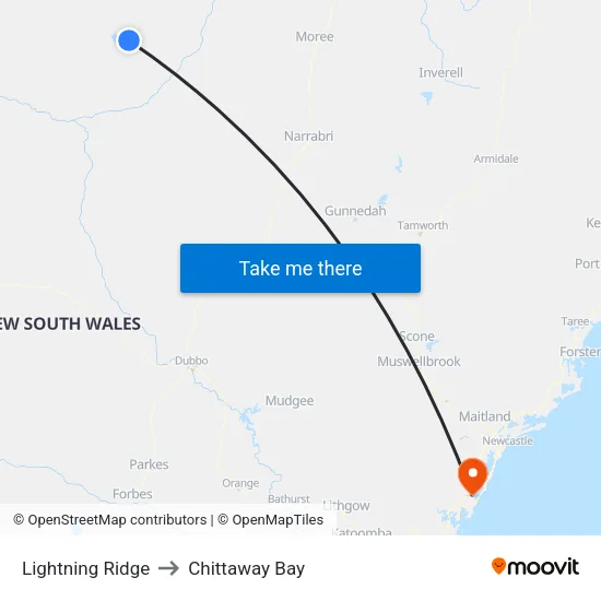 Lightning Ridge to Chittaway Bay map