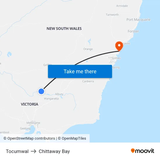 Tocumwal to Chittaway Bay map