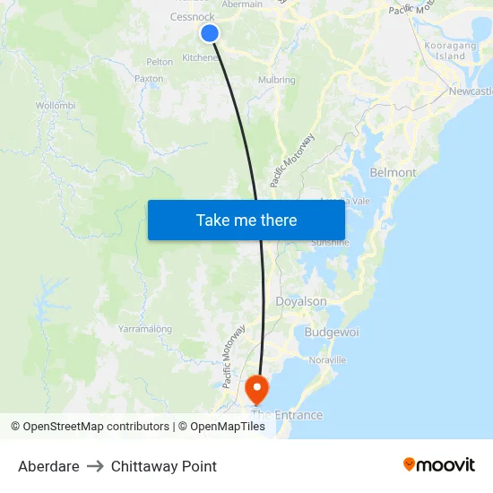 Aberdare to Chittaway Point map