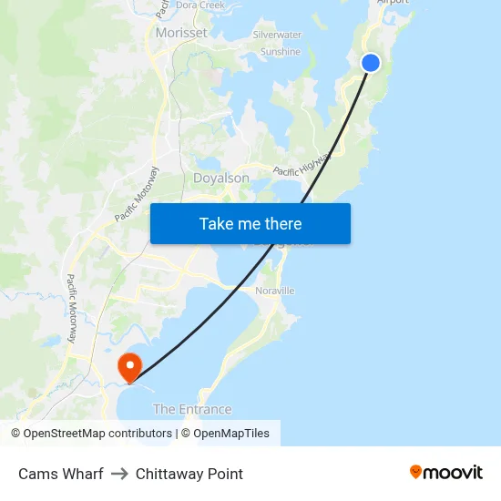 Cams Wharf to Chittaway Point map