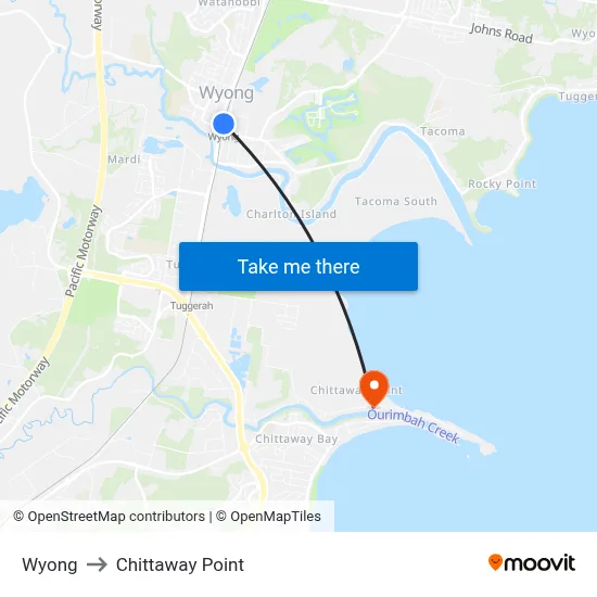 Wyong to Chittaway Point map