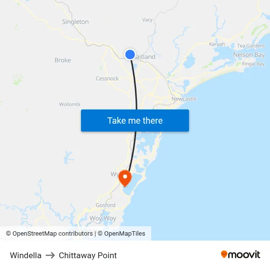 Windella to Chittaway Point map