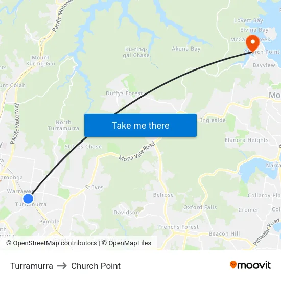 Turramurra to Church Point map