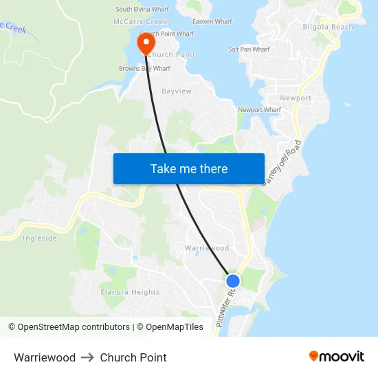 Warriewood to Church Point map