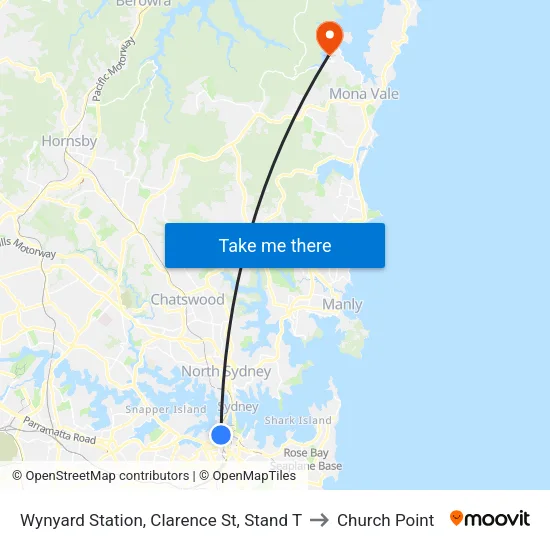 Wynyard Station, Clarence St, Stand T to Church Point map