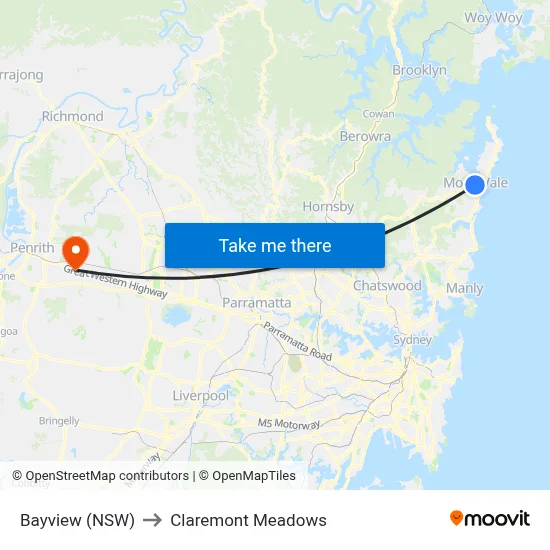 Bayview (NSW) to Claremont Meadows map