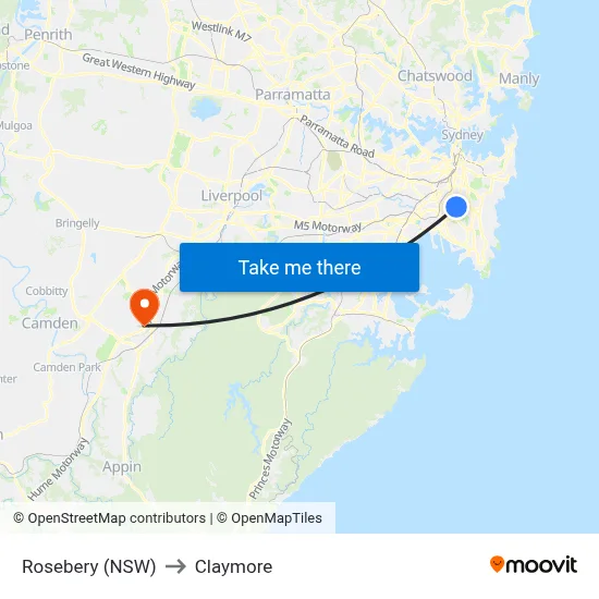 Rosebery (NSW) to Claymore map