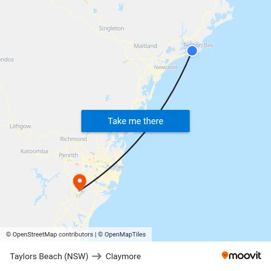 Taylors Beach (NSW) to Claymore map