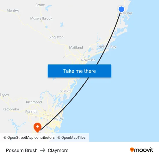 Possum Brush to Claymore map