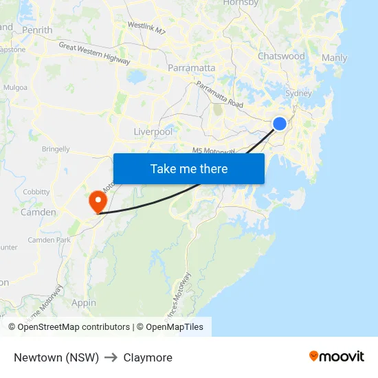 Newtown (NSW) to Claymore map
