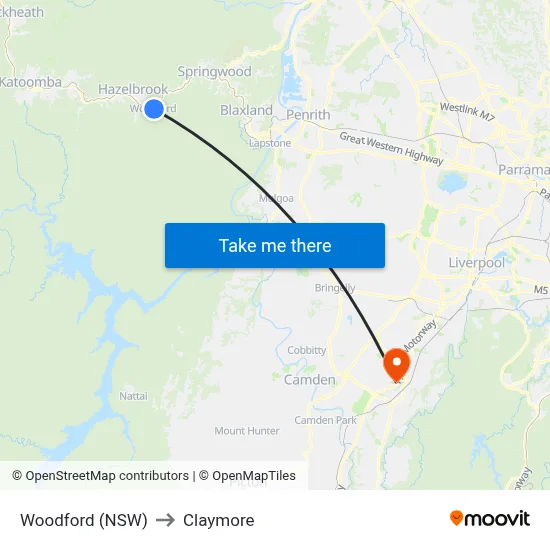 Woodford (NSW) to Claymore map
