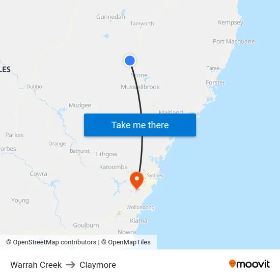 Warrah Creek to Claymore map