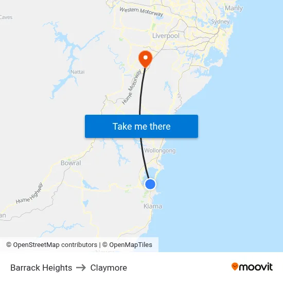 Barrack Heights to Claymore map