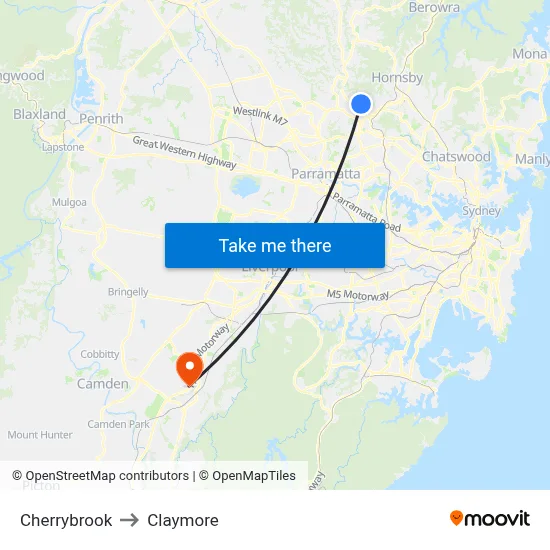 Cherrybrook to Claymore map