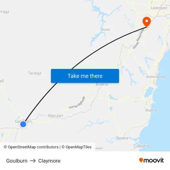 Goulburn to Claymore map