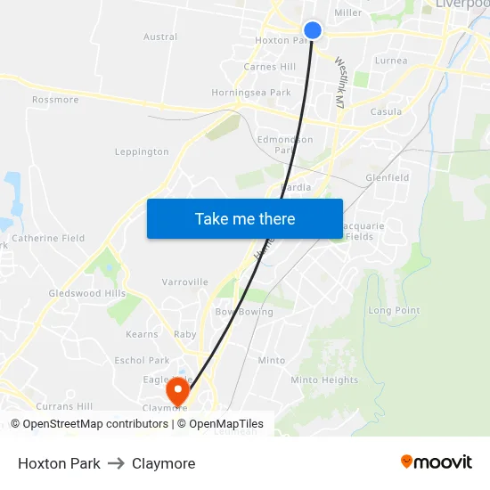 Hoxton Park to Claymore map