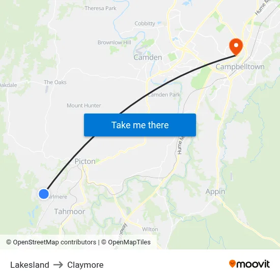 Lakesland to Claymore map