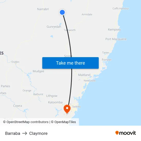 Barraba to Claymore map