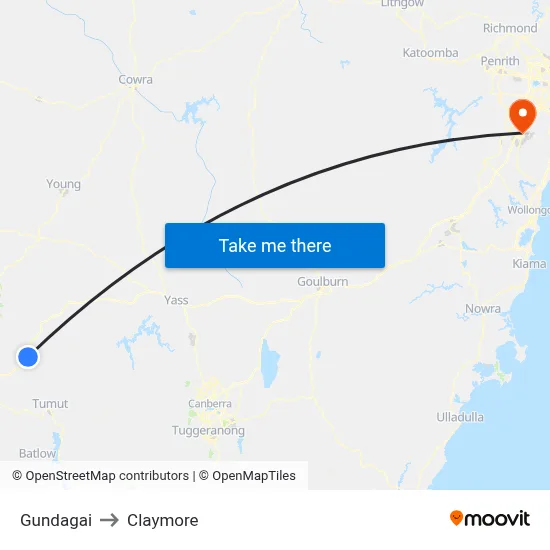 Gundagai to Claymore map