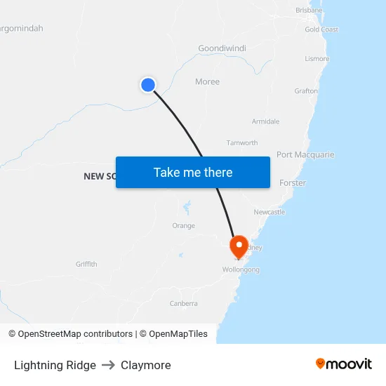 Lightning Ridge to Claymore map