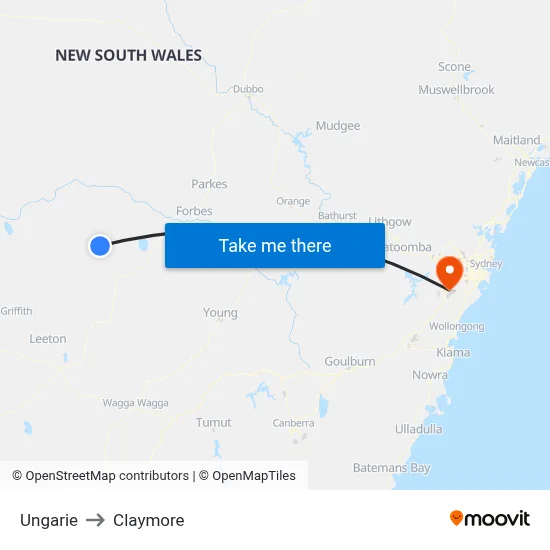 Ungarie to Claymore map