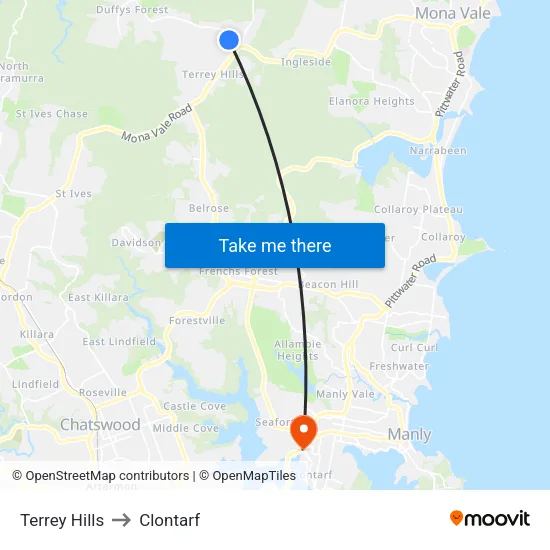 Terrey Hills to Clontarf map