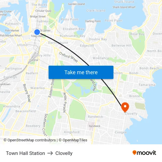 Town Hall Station to Clovelly map